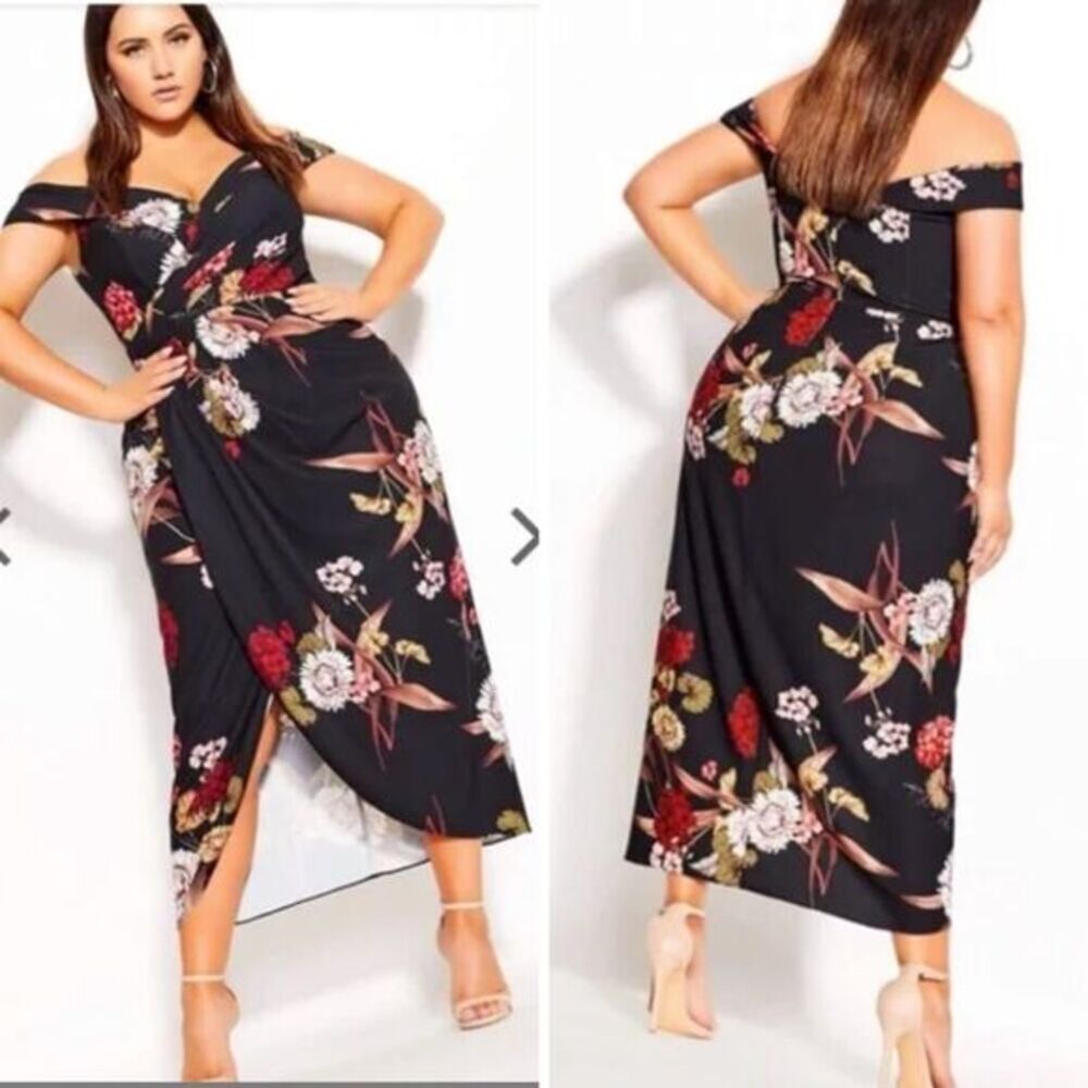City Chic Black Floral Off-Shoulder Midi Dress